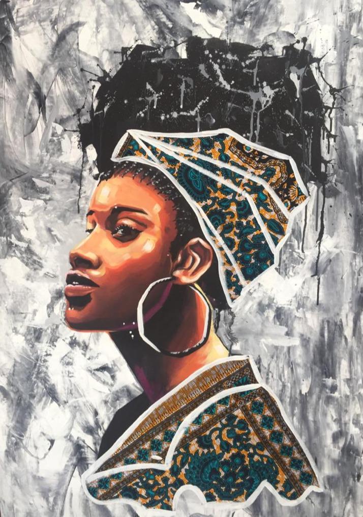 african woman's face-she is wearing a bandana and large hoop earrings african art home decor
