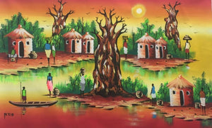 African Painting-African Village around a Baobab Tree, acrylic on canvas