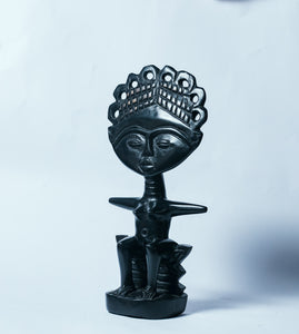 African Wood Sculpture-Ashanti Fertility Goddess with Crown sitting 
