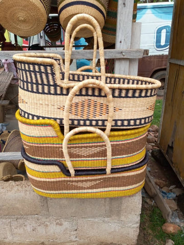 Baby Cot Basket-Handwoven of Straw, natural, yellow and brown pattern (bottom in photo) Ghana, West Africa 30 cm X 12 cm