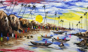 African Painting- Boat Race at High Noon 
