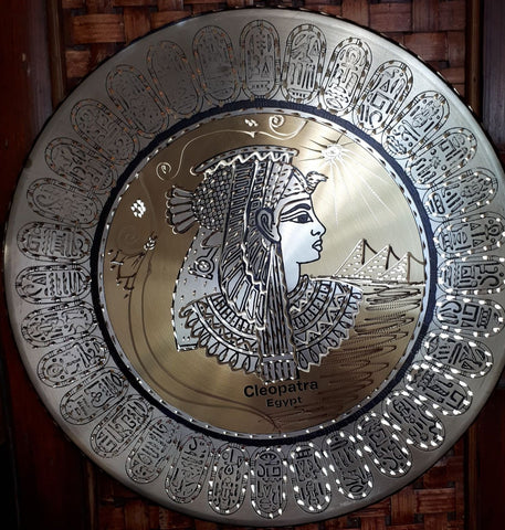 Copper Pharaonic design Wall Plate-Cleopatra-Egypt's Last Pharaoh (surrounded by hieroglyphics), handmade in Egypt