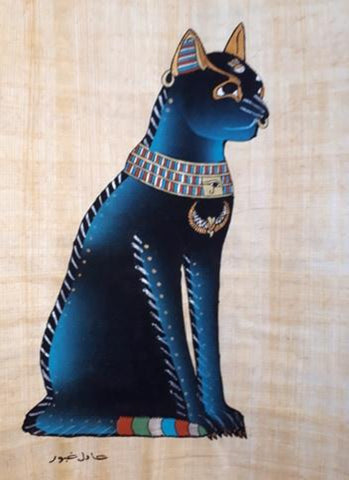 Egyptian handmade papyrus painting-Goddess Bastet, goddess of the  home,  an ancient goddess worshipped in the form of a cat 