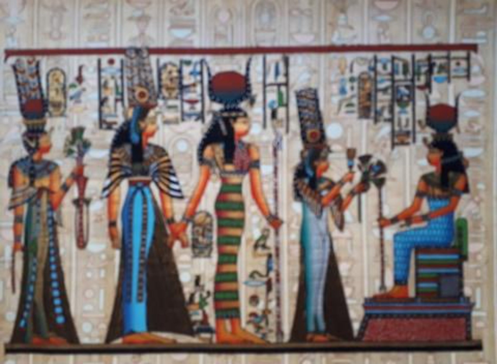 Egyptian handmade papyrus painting-Goddesses of Music and Love, Hathor and Isis