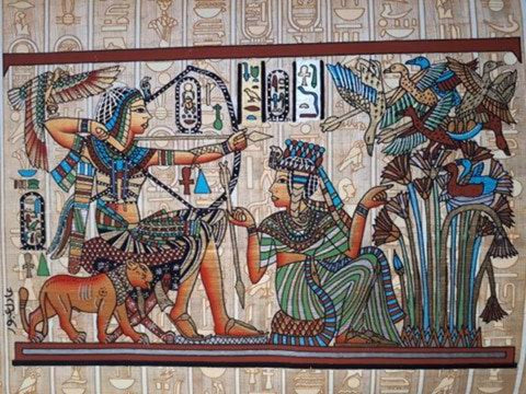 Egyptian handmade papyrus painting-King Tutankhamun with Queen Ankhesenamun Royal Hunting Scene (with hieroglyphics background)