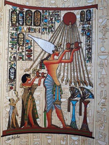 Egyptian handmade papyrus painting-Pharaoh Ahkenaton, his wife Queen Nefertiti and their daughter Meritan praying to the sun god