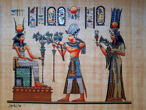 Egyptian handmade papyrus painting-Pharaoh Ramses II with Queen Nefertari, making an offering to the ancient Egyptian goddess of music, Hathor