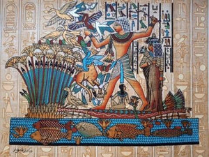 Egyptian handmade papyrus painting-Pharaoh Tutankhamun Fishing & Fowling on the Nile River,