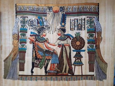 Egyptian handmade papyrus painting-Pharaoh Tutankhamun's Royal Throne; Queen Ankhesenamun Anointing her Husband;
