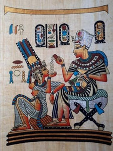 Egyptian handmade papyrus painting-Pharaoh Tutankhamun and Queen Ankhesenamun,Throne Room Royal Scene,Twin Flame Ritual, hand-painted and signed by the Egyptian artist