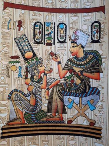 Egyptian handmade papyrus painting-Pharaoh Tutankhamun and Queen Ankhesenamun, Throne Room Royal Scene with Nekhbet 