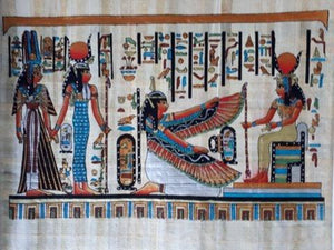 Egyptian handmade papyrus painting-Soul Ritual-Goddess Isis Leading Queen Nefertari into the Afterlife; goddesses Hathor and Ma'at attending the ritual