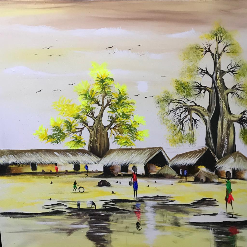 African Painting-Evergreen trees in an African village with villagers walking