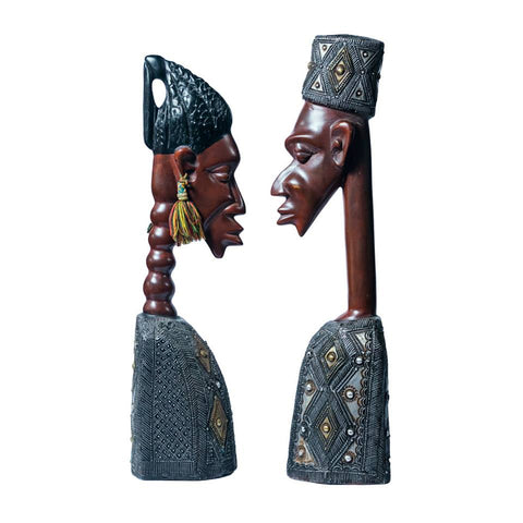 African Wood Sculpture Warrior Kings Set, hand-carved of white wood, Ghana, West Africa 19 cm X 5 cm