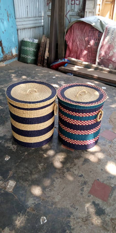 Basketcase-London, handwoven of Elephant Grass, indigo, purple, mauve and sea-green pattern (on right in photo), Ghana, West Africa 51 cm X 43 cm