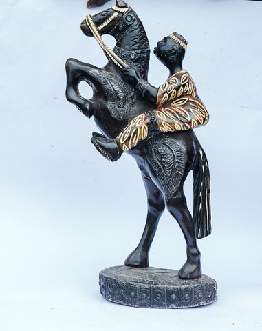 African Wood Sculpture-Man on Horse on its hind Legs, hand-carved of white wood, Ghana, West Africa 18 cm X 8 cm