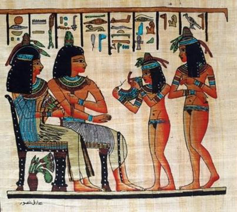 Egyptian handmade papyrus painting-Pharaoh and Queen being dressed by servants girls