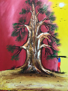 African Painting-Share the Land Large tree with village walking and carrying branches