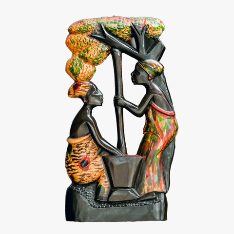 African Wood Sculpture-Two Women pounding Cassava under a Mango Tree, hand-carved of white wood, Ghana, West Africa 25 cm X 12 cm