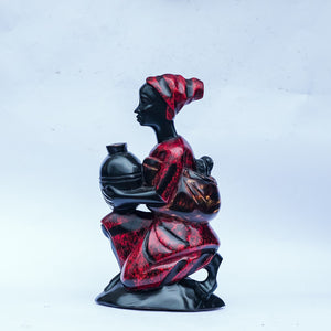 African Wood Sculpture-Mother in red carrying Baby on her back and a Jug in her Hands, hand-carved of white wood, Ghana, West Africa 15 cm X 9 cm