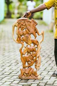 African Wood Sculpture-African Continent with its native animals