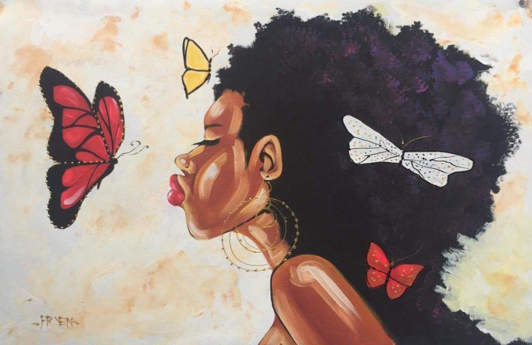 african woman blowing air at a red monarch butterfly Red Monarch at Gentle Breeze