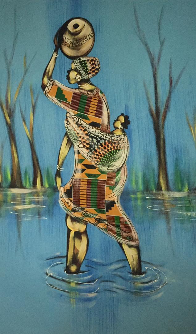 African woman carrying baby on her back and jug on her head wading through the water-Women's Work