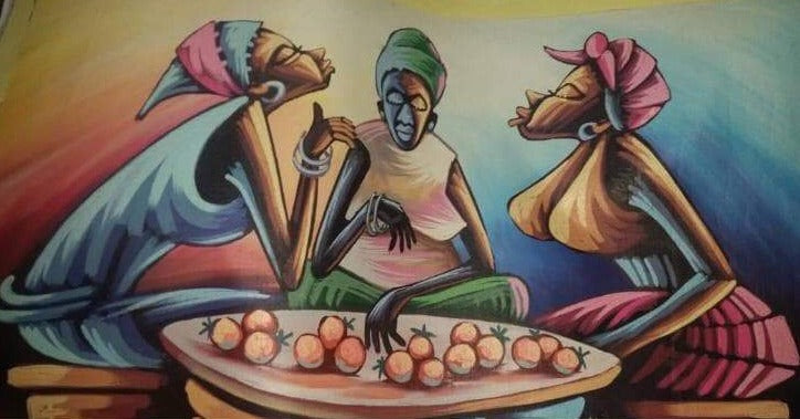 African Painting-Gossip at Noon, acrylic on canvas