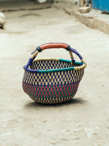 African Straw Round Handbasket- indigo, green, red and yellow, kinkahe straw
