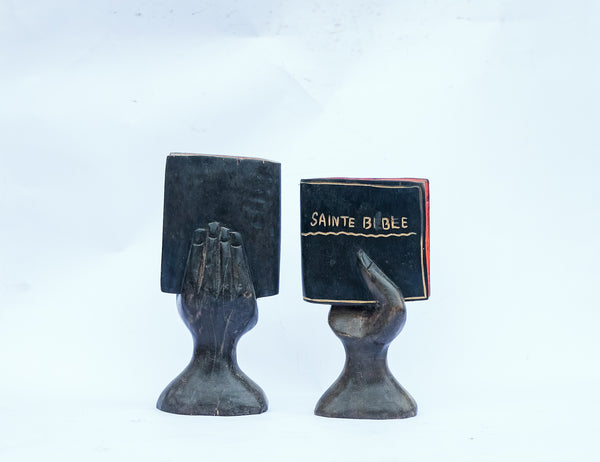 African Wood Sculpture-Book Ends-Hands holding Bible 