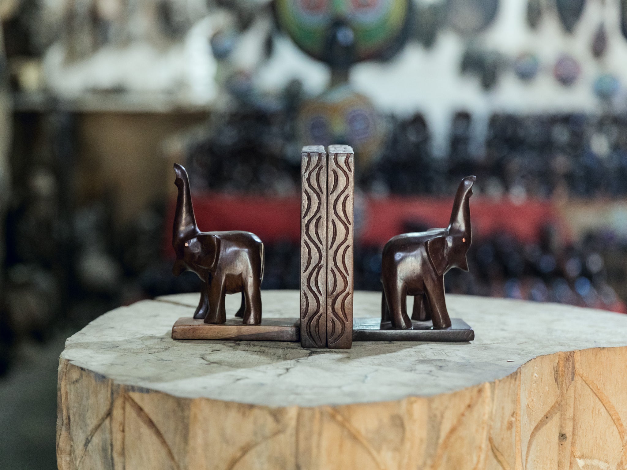 African Wood Sculpture-Book Ends-Elephants, dark brown 