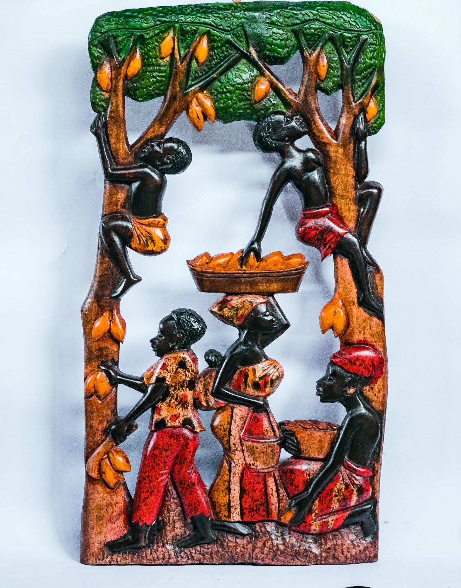 African Wood Sculpture-Boy and Girl climbing a Mango Tree 