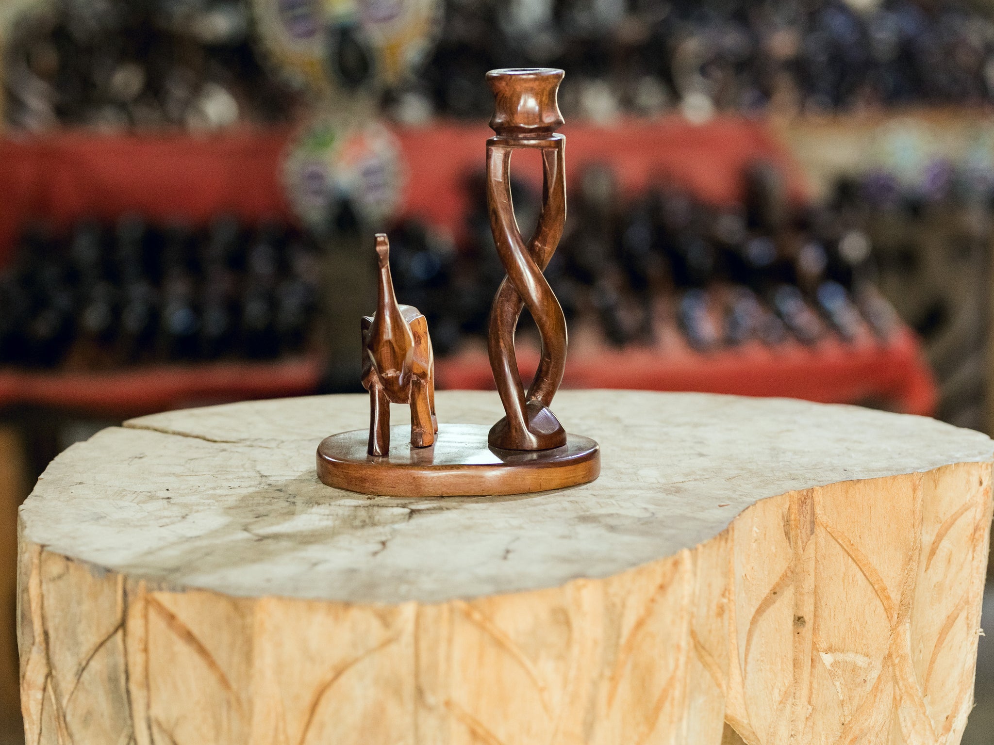 African Wood Sculpture-Spiral Candle Stand with Elephant, light brown, hand-carved of ebony wood, Ghana, West Africa 21 cm X 15 cm