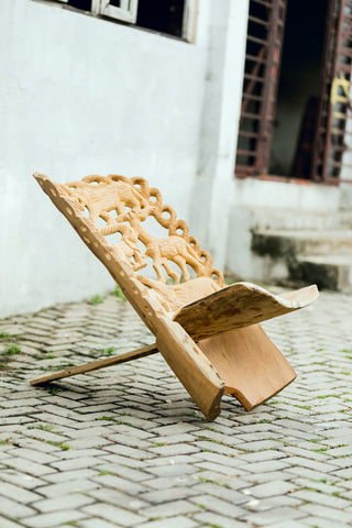 Chair-Ornate folding Chair, hand-carved of light colour drum wood, Ghana, West Africa Small= 87 cm X 38 cm