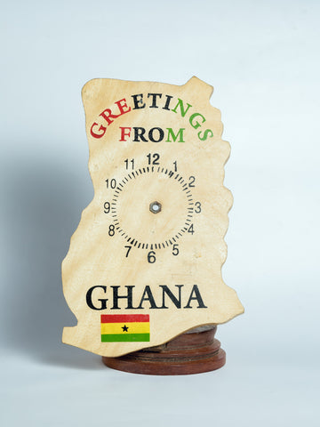 Clock "Greetings from Ghana", hand-carved of white wood, Ghana, West Africa