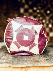 African Pouf ootstoolpoofburgundywithflowerinthecentr