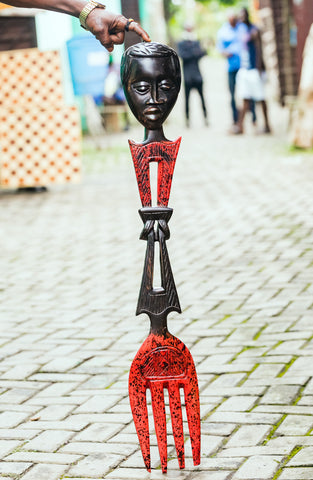 African Wood Sculpture-Man's Head on Top of Fork, Red and black, hand-carved of white wood, Ghana, West Africa 100 cm X 13 cm