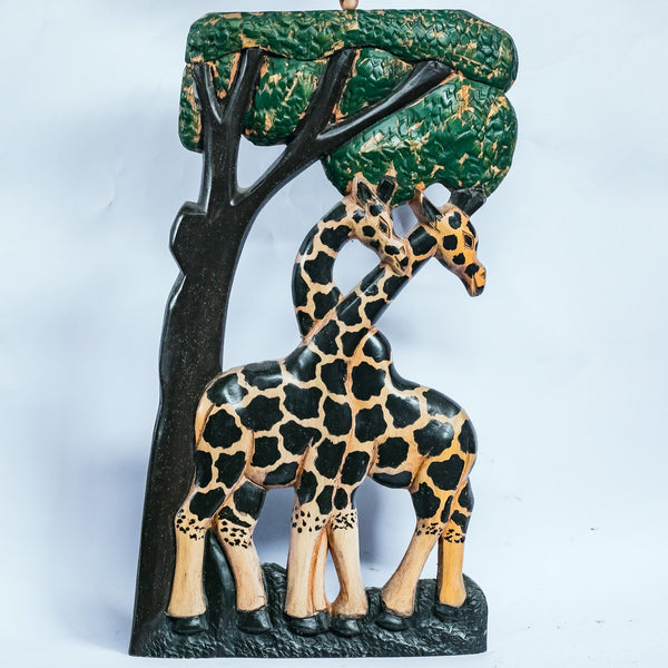 African Wood Sculpture-Giraffes under Wawa Tree, hand-carved of white wood, Ghana, West Africa 25 cm X 12 cm