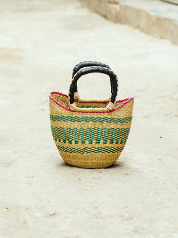 African Straw Basket handbasketwithhandlesgreenandpinkpattern