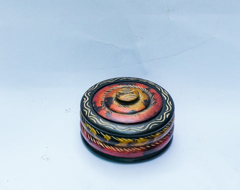 African Wood Sculpture-Jewellery Container, safari-coloured, small, round, hand-carved of white wood, Ghana West Africa 6 cm X 3 cm