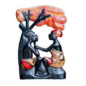 African Wood Sculpture-Man and Woman under a Bilboa Tree, hand-carved of white wood, Burkina Faso, West Africa 25 cm X 12 cm