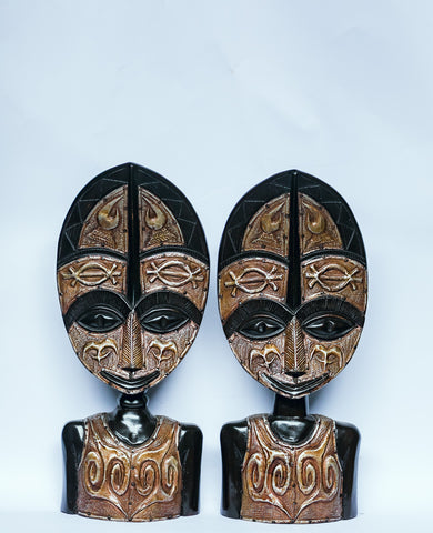 African Wood Sculpture-Regal Alien-like Couple Set, made of white wood, Ghana, West Africa 18cm X 8 cm