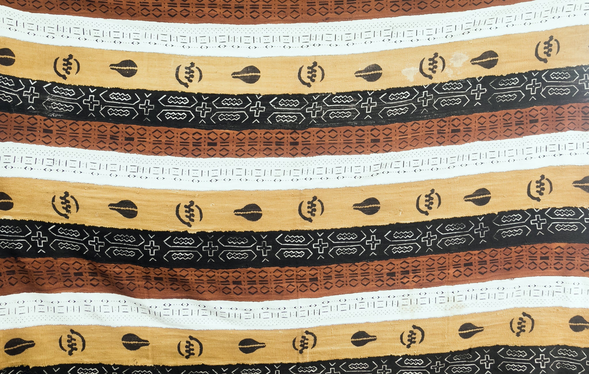 Mudcloth Blanket, ""Community" Pattern, traditional to nearby Mali, mudcloth is woven cotton fabric soaked in boiled leaves from the n'gallama tree and painted with clay and mud, Ghana, West Africa 253 cm X 186 cm