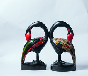 African Wood Sculpture-Ostrich and Sankofa ("Go back and get it" in Twi ) Birds Set, hand-carved of white wood, Ghana, West Africa 16 cm X 5 cm