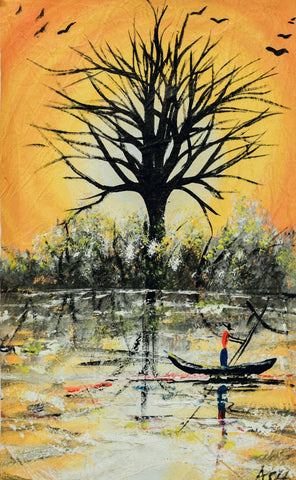 African Painting-Tree in Harmony paintinglargetreeandpersoninaboat