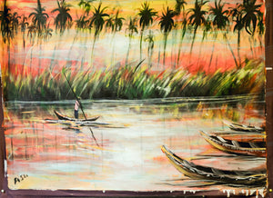 African Painting-Fishing Boats in Stride paintingmaninboatwithoarandthreeotherboatsattheside