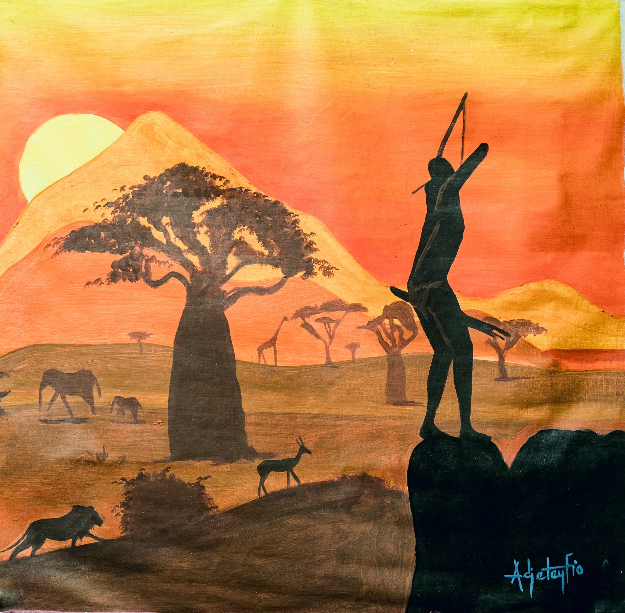 African Painting-Preying at the Moonglow paintingmanwithbowandarrowaimingtoshootagiraffeorantelopeMedia 1 of 1