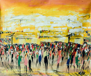 African Painting-Gatherings in a Summer Swelter paintingmanypeoplewithcolourattireandextremesunontophalfofpicture.