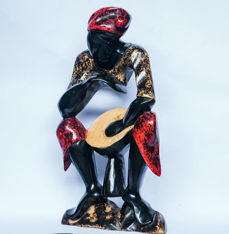 African Wood Sculpture-Percussionist playing the Jembe, hand-carved of white wood, Ghana ,West Africa 56 cm X 29 cm
