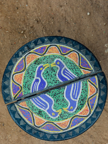 Table-Round folding Table-Bluebirds Meeting, mosaic of purple, green and orange, hand-carved of white wood, Ghana, West Africa 47 cm X 45 cm